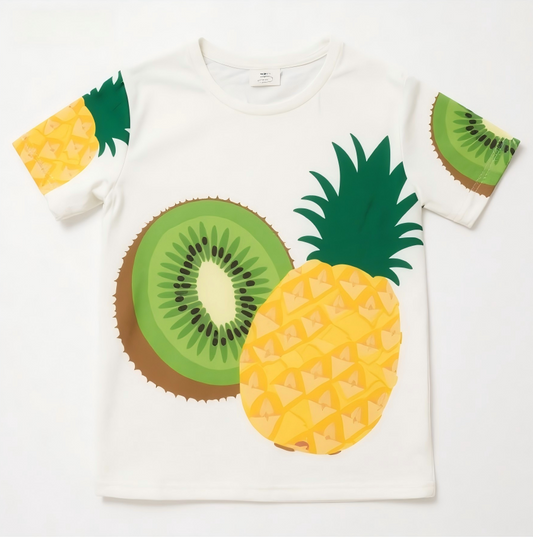 The kiwifruit and pineapples on the clothes are not just fruits; they represent the vibrant, breathing spirit of the summer.
